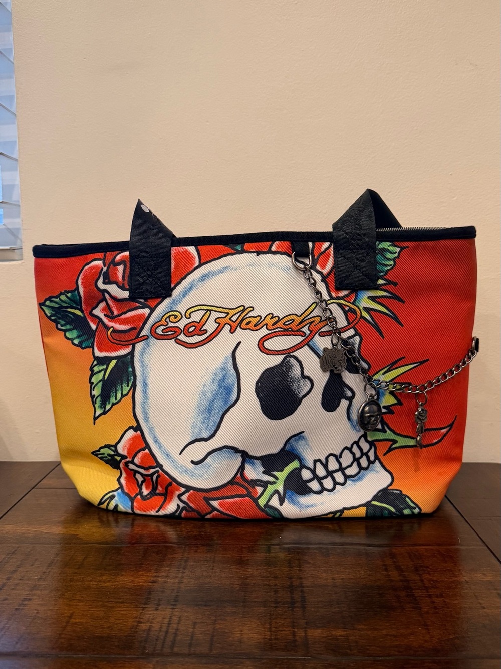 Ed Hardy Tote Bag Skull Roses Tattoo Canvas Shoulder Purse NWT Charms Multi